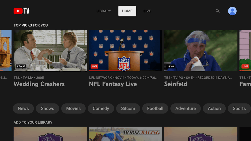 Youtube TV Home page